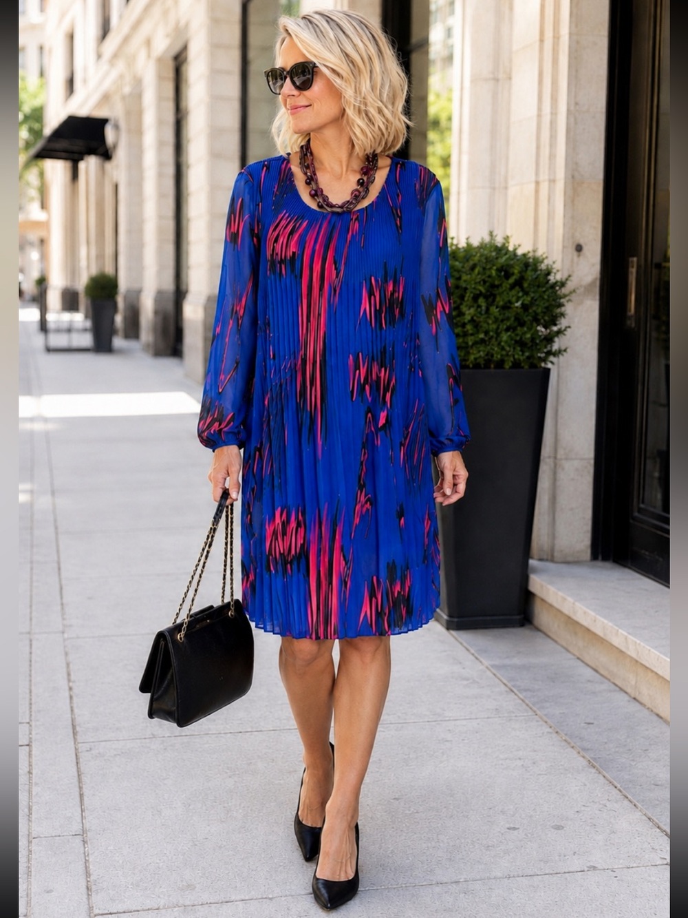 Gorgeous Blue Midi Dress with Pink & Black Abstract Print❤️M